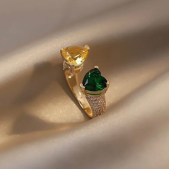 NWT Cocktail Heart Ring 18K Gold Plated Green Yellow CZ Open Adjustable Glam - Picture 4 of 7
